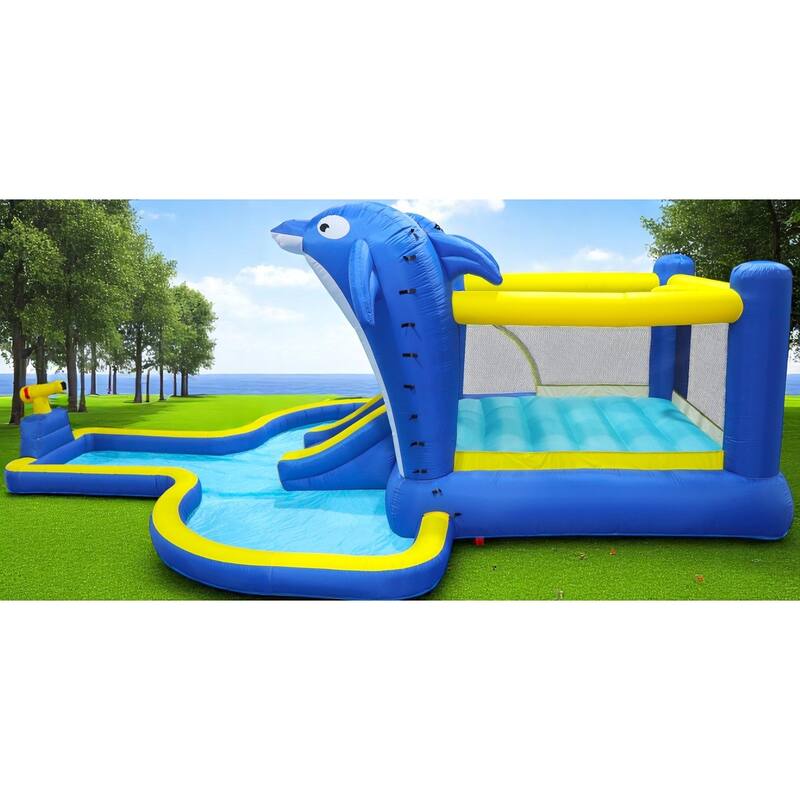 8-in-1 Inflatable Water Park with Slide,Splash Pool,Water Guns, Basketball Hoop & Climbing Wall - Includes ETL-Certified Blower