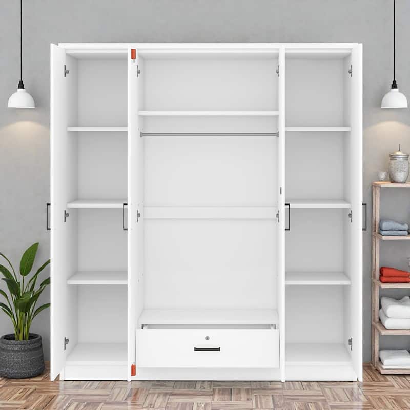 4 Door Wardrobe Closet with Drawer and Hanging Rail, Modern MDF Bedroom Armoire Storage Cabinet
