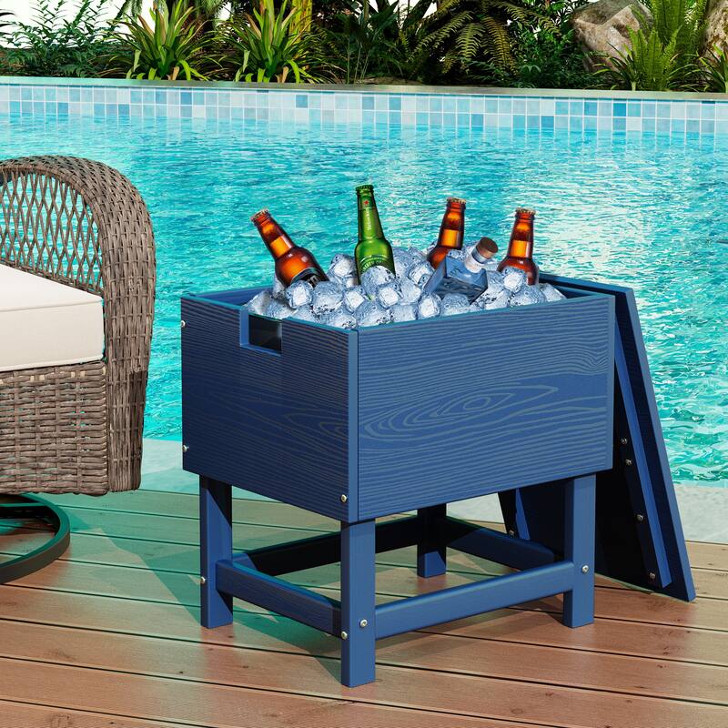 Outdoor Patio Weather Resistant HDPE Coffee & Side Table, Build-in Stainless Steel Cooler Bucket