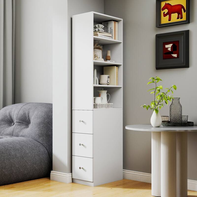 70.87" Tall Display Cabinet with 4-Tier Shelves & 3 Side Drawers, Modern Wooden Storage Bookcase for Living Room, Home Office