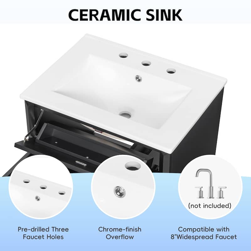 24" Freestanding Bathroom Vanity with Ceramic Sink, Flip-Out Drawer & 3-Drawer Cabinet, Solid Wood & MDF