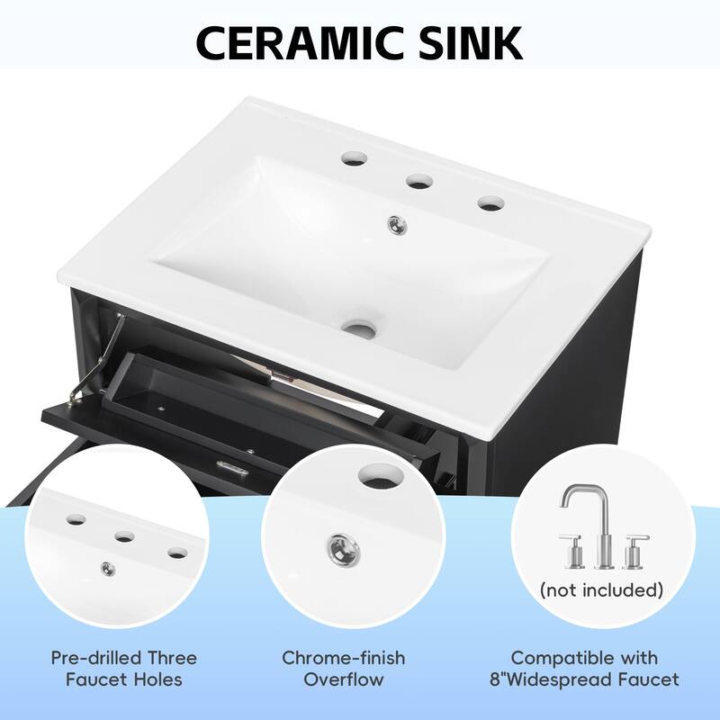 24 Inch Bathroom Vanity with Ceramic Sink, White Freestanding Vanity Cabinet with Flip-Out Drawer and Storage