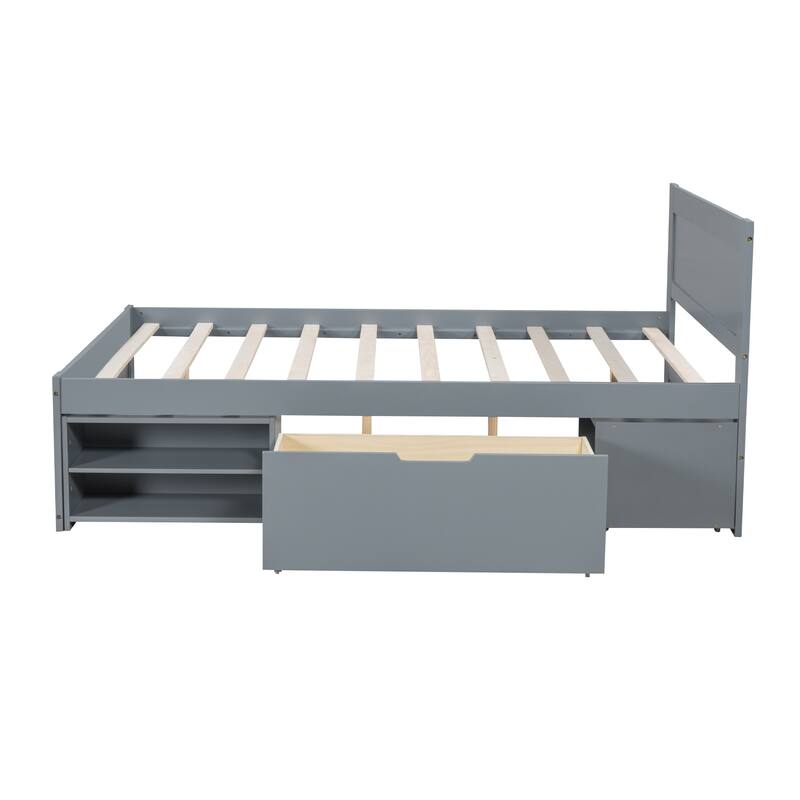 Full Size Wooden Platform Bed Frame with Drawer and Two Shelves, Ample Storage and Space-Saving Design, Bedroom Furniture