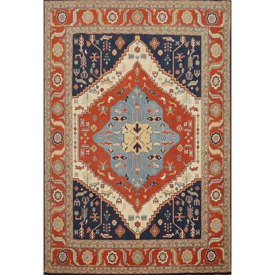 Hand Knotted Oriental 100% Wool Carpet Traditional Medallion Oranges & Rust Heriz (serapi) Area Rug - 9' 10'' X 8' 0''