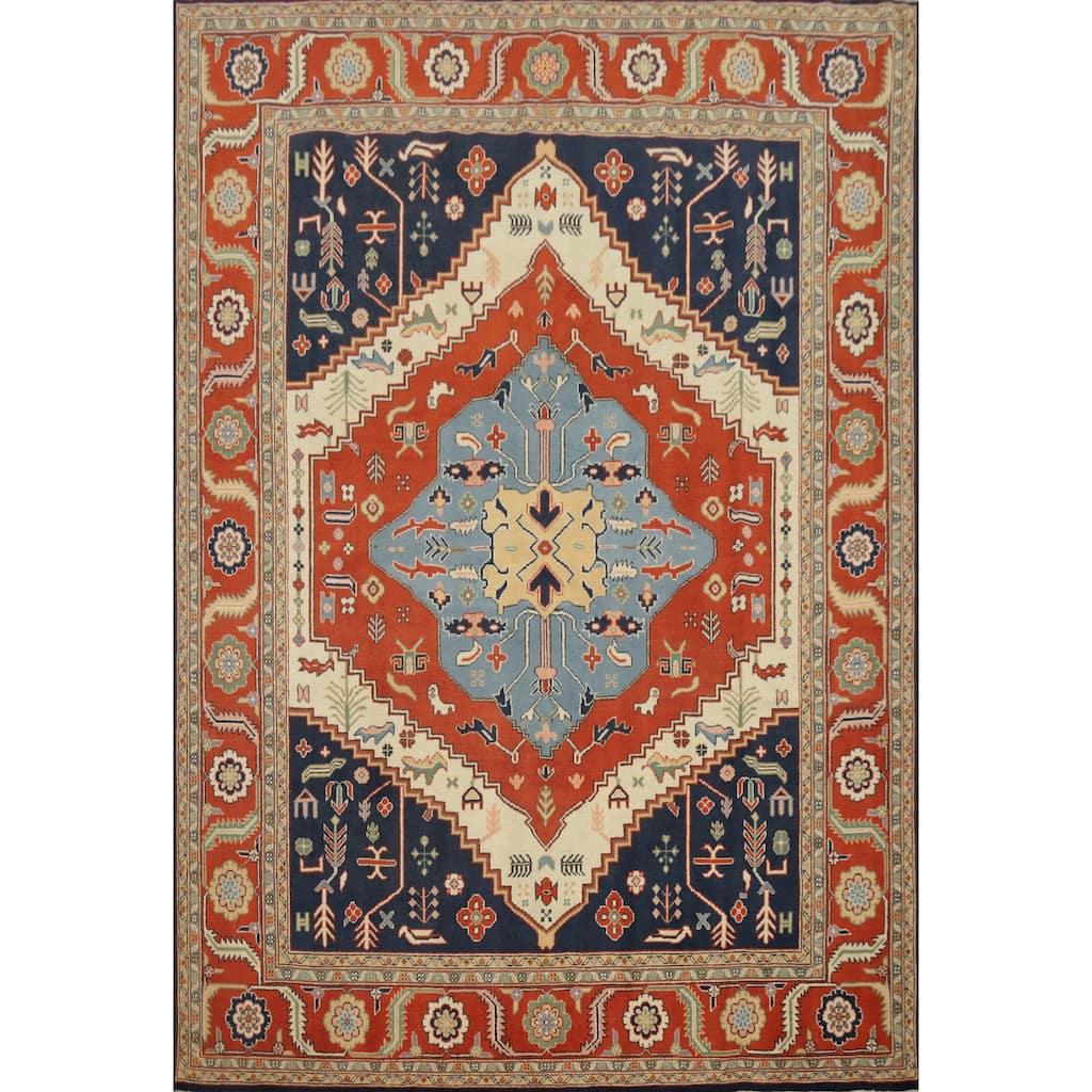 Hand Knotted Oriental 100% Wool Carpet Traditional Medallion Oranges & Rust Heriz (serapi) Area Rug - 9' 10'' X 8' 0''