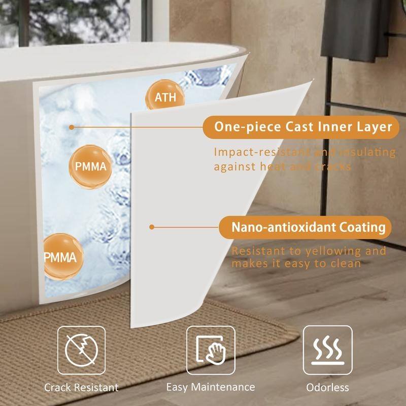 ABRUZZO 65" Freestanding Soaking Solid Surface Bathtub with Overflow and Pop-up Drain