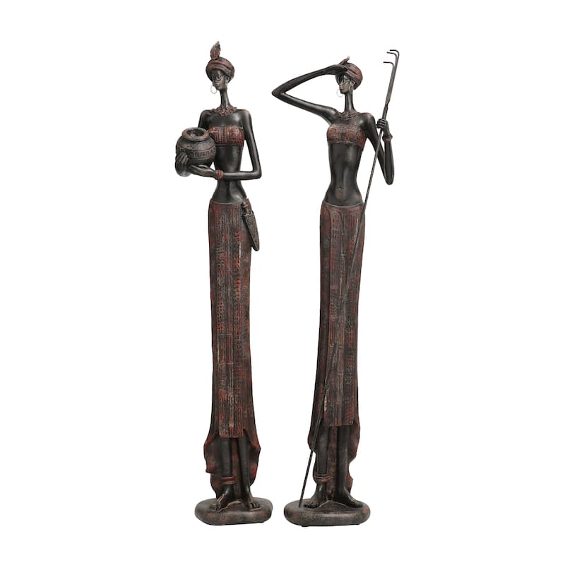 Red Polystone Handmade Tall African Women People Decorative Sculpture with Carved Dresswear (Set of 2)