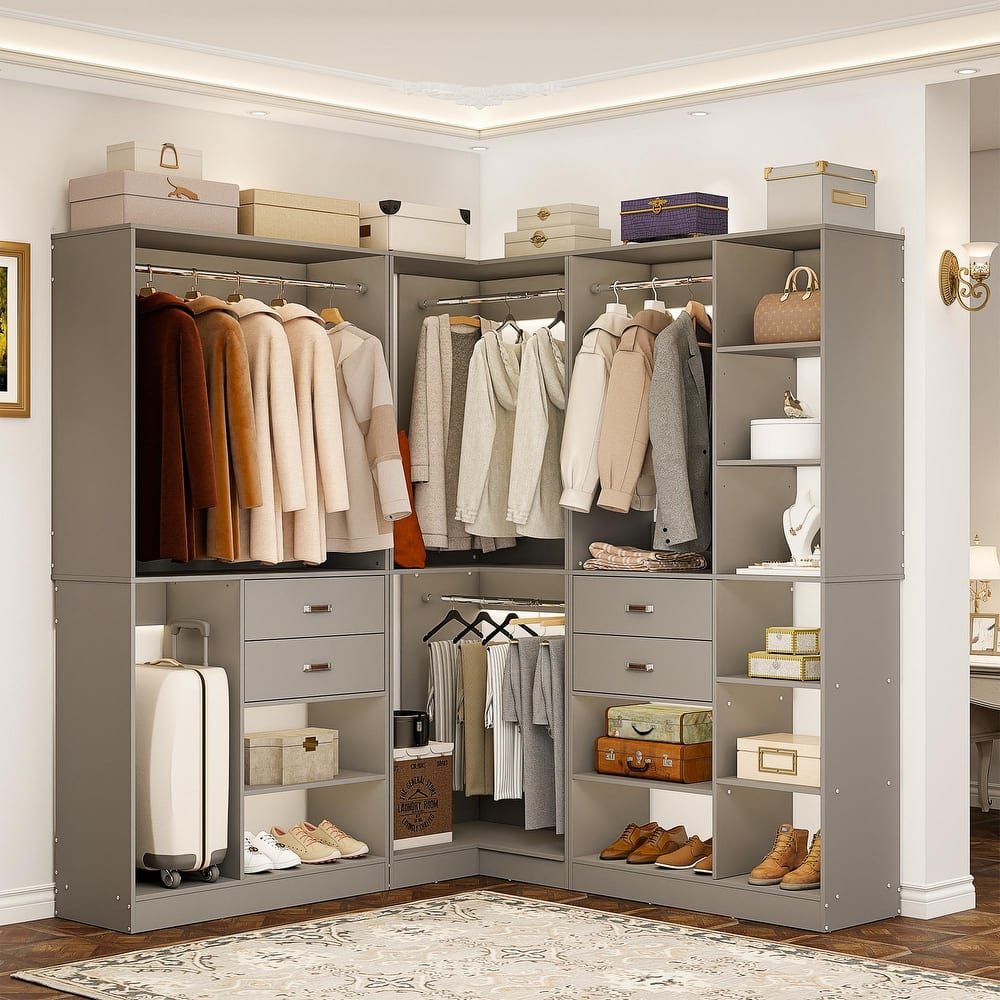 51''-110'' Freestanding Closet Organizer with Hanging Rods, Set of 3 Corner Closet System with Drawers