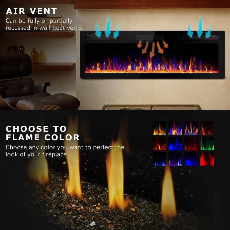 Bossin 30 to 72 inch Electric Fireplace Ultra-Thin and Silence Linear Recessed Wall Mounted Fireplace with Remote Control