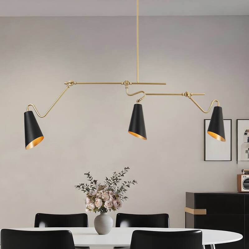 Modern 3-Light 49.5"L Black Gold Linear Chandelier Metal Industrial Island Lights for Dining Room - 49.5 "