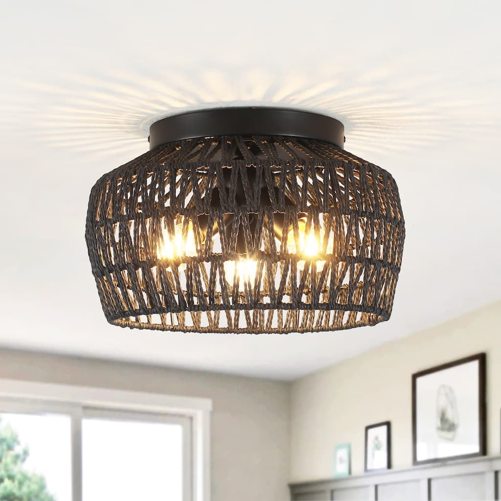 Bohemian Style 3-Light Paper Rattan Woven Flush Mount Ceiling Light Fixture
