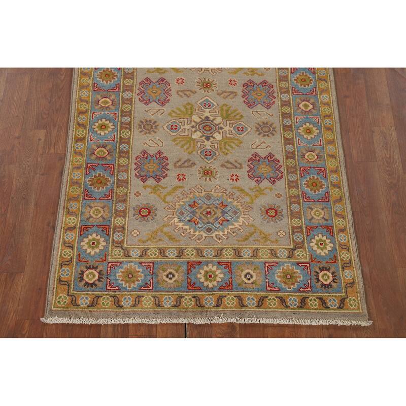 Geometric Red Kazak Accent Rug Hand-Knotted Wool Carpet - 3'2" x 4'8"