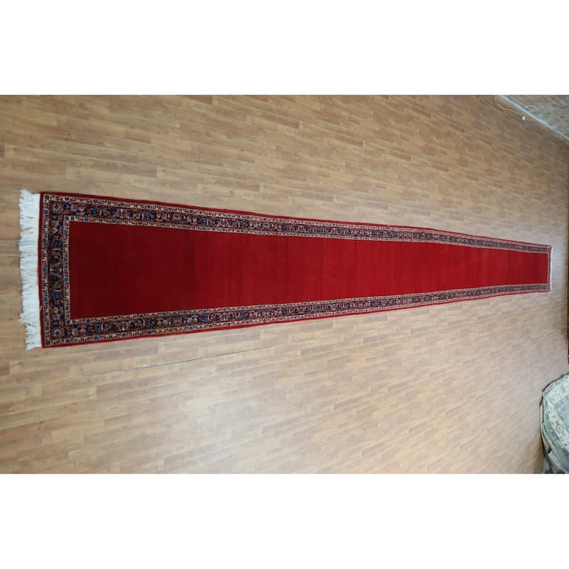 Hand Knotted Oriental 100% Wool Carpet Traditional Solid Red Kashan Runner Rug - 32' 7'' X 3' 3''