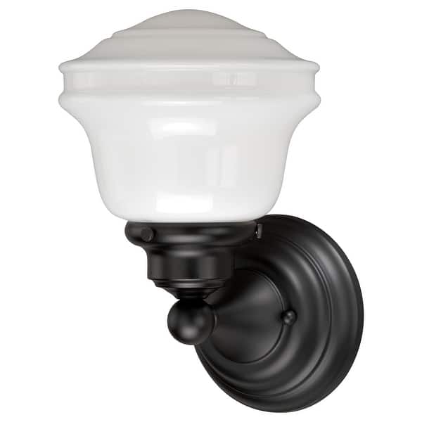 slide 2 of 8, Huntley 1-Light 6.75 in. W Oil Rubbed Bronze Bathroom Vanity Lighting Fixture White Schoolhouse Glass Globe, Wall Mounted Sconce 6.75-in W x 10.5-in H x 6.75-in D - Oil Rubbed Bronze