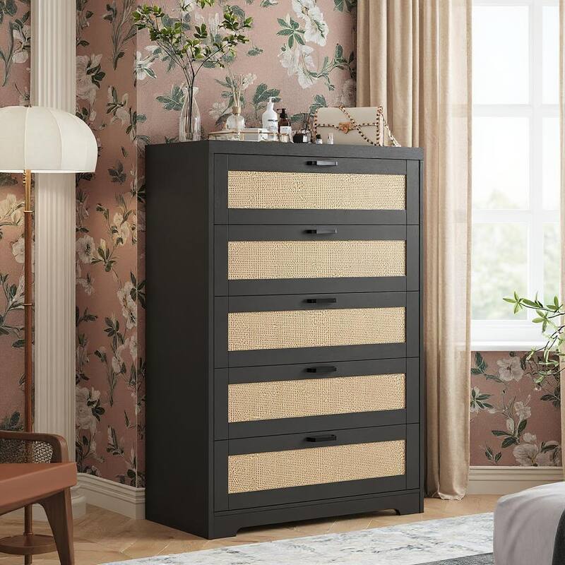 5 Drawers Tall Rattan Dresser, with Wide Top and Handles - Black
