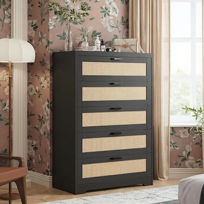 5 Drawers Tall Rattan Dresser, with Wide Top and Handles