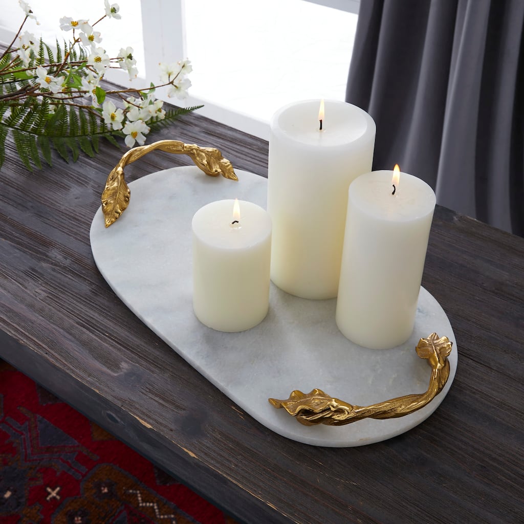 White Marble Oval or Rectangular Tray with Gold Twisted Leaf Handles