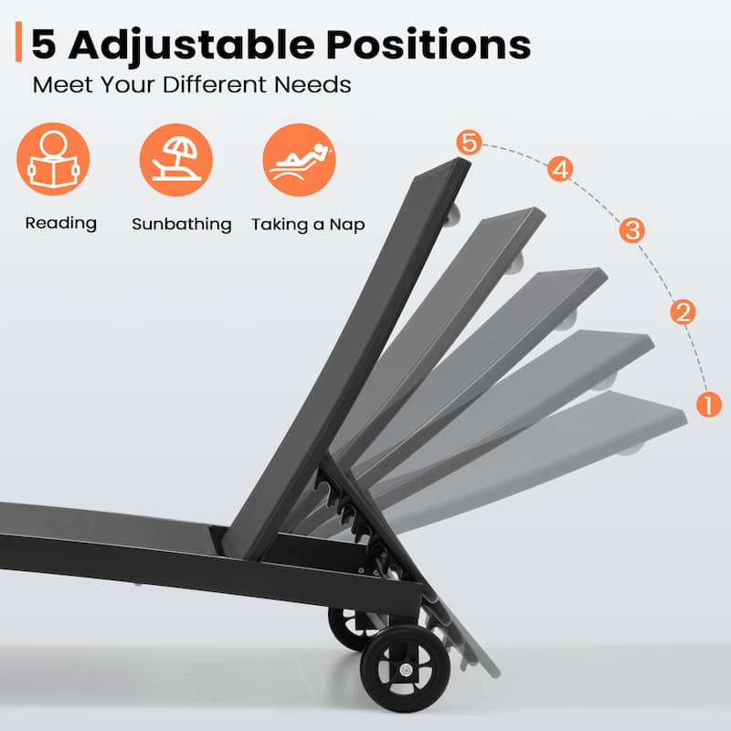 Patio Chaise Lounge Chair Adjustable Aluminum Outdoor Recliners with Wheel