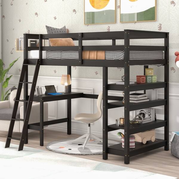 slide 2 of 7, Espresso Pine Wood Loft Bed with Desk, Ladder, and Shelves, High Guard Rails Twin - Espresso