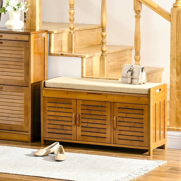 HOMCOM Shoe Bench with Storage Cabinets Bamboo Entryway Bench with Seating Cushion Brown Bed Bath Beyond 36638738