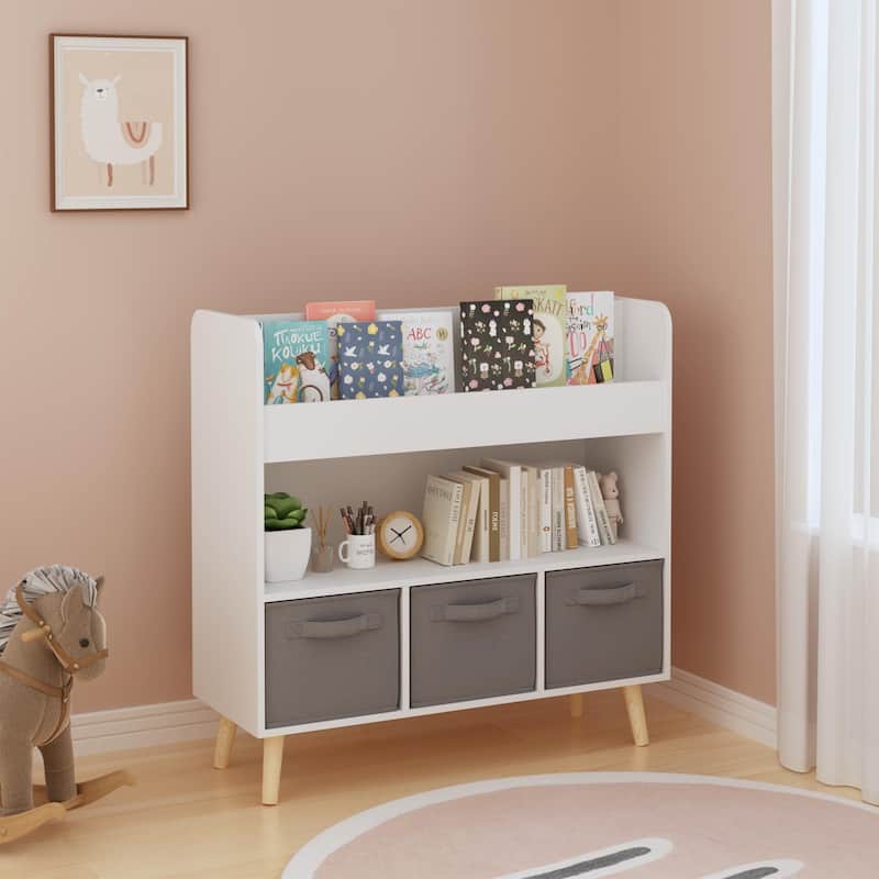 Kids Bookshelf with 3 Fabric Bins