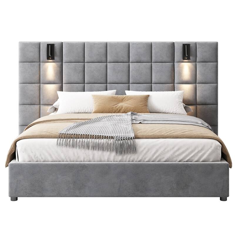Velvet Upholstered Platform Bed with with reading lamp and USB port