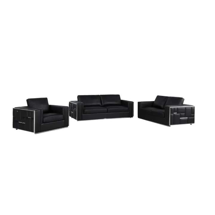 HomeRoots Black Top Grain Leather Five Person Seating Set