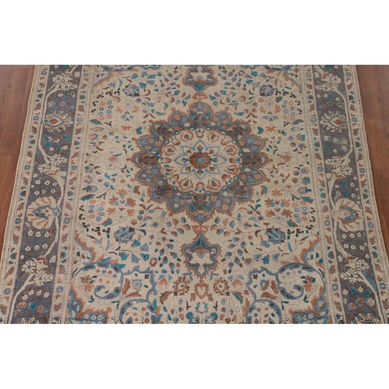 Ivory Floral Tabriz Persian Vintage Rug Handmade Wool Carpet - 6'4"x 9'6"