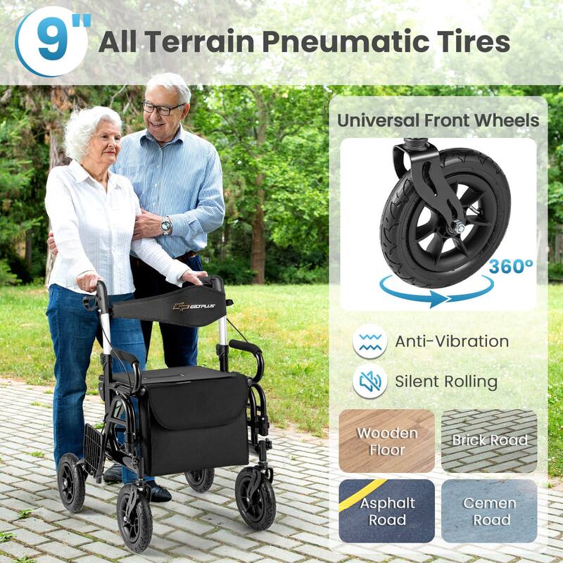 Goplus 2-in-1 Rollator Walker for Seniors with Seat 9" Pneumatic Tires - See Details