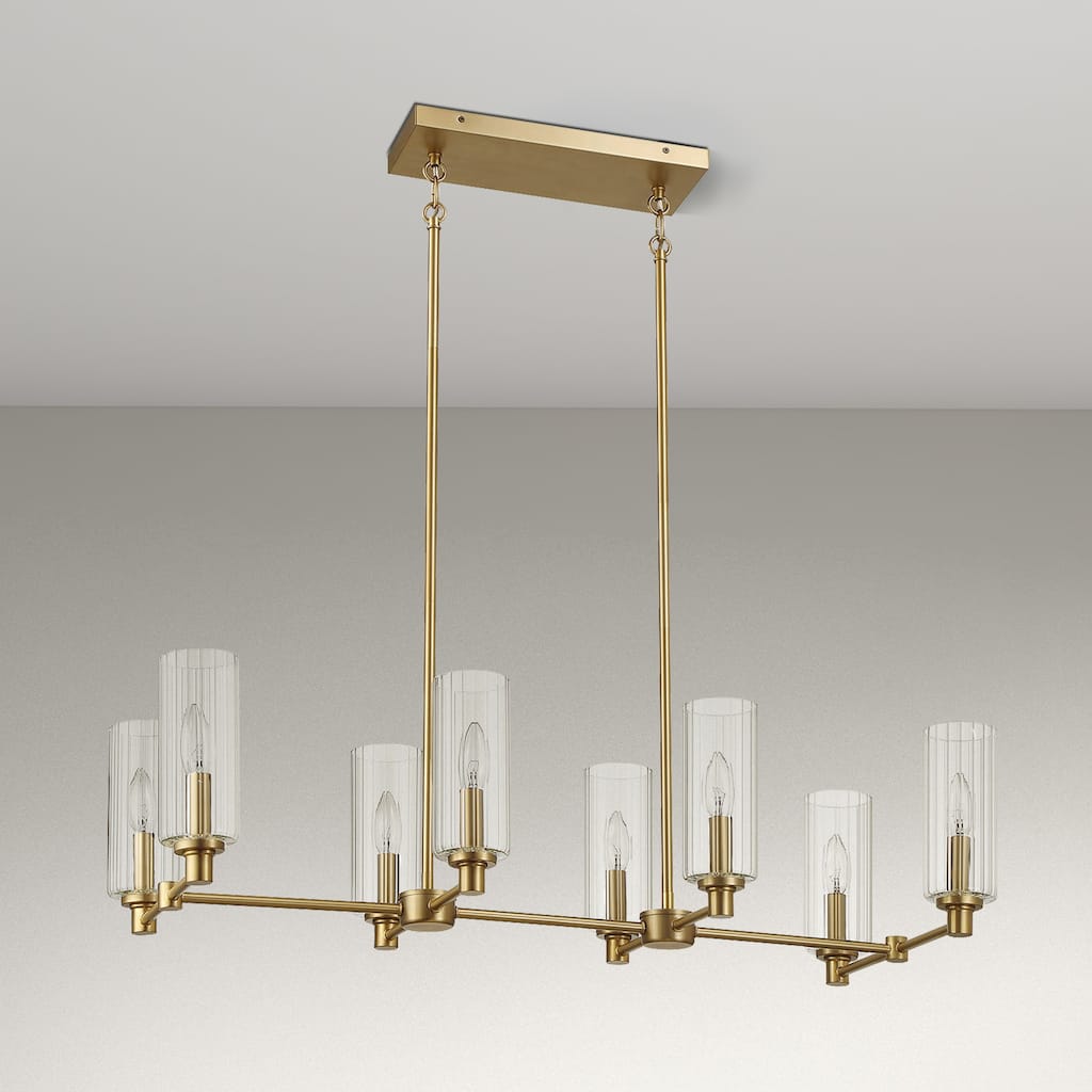 Asert Sophisticated 8-Light Satin Brass Pendant with Ribbed Glass Shades - Clear Ribbed Glass