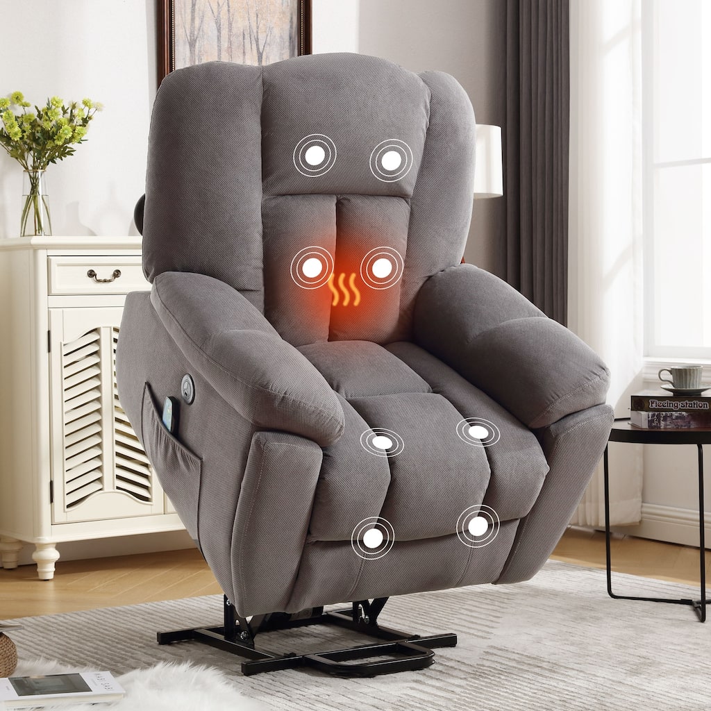 Grey Electric Lift Recliner Chair for Seniors with Heat, Massage, USB Port, Side Pockets, and Durable Fabric