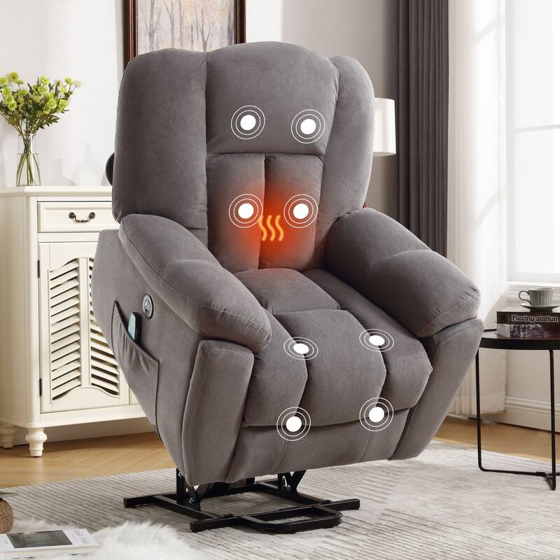 Grey Electric Power Lift Recliner with Heat, Massage, Infinite Positions, USB Charging, and Side Pockets