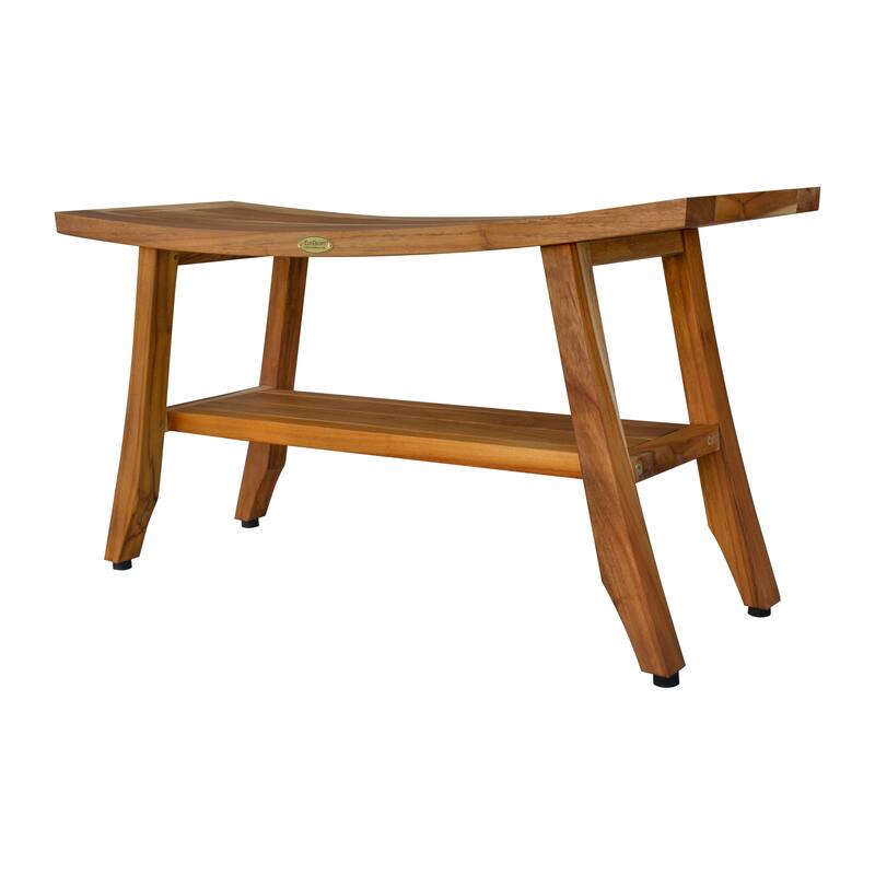 EcoDecors Satori Natural Teak Wood Shower & Bathroom Bench with Curved Seat and Storage shelf 34-inchWide x 18-inches High