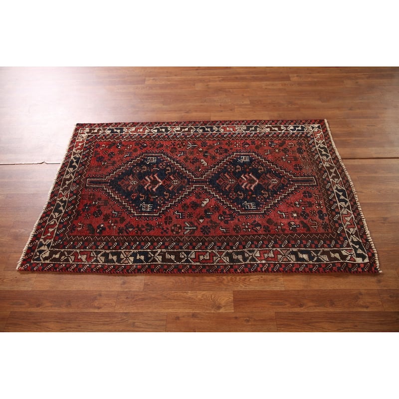 Tribal Shiraz Persian Antique Area Rug Hand-Knotted Wool Carpet - 3'2"x 4'10"
