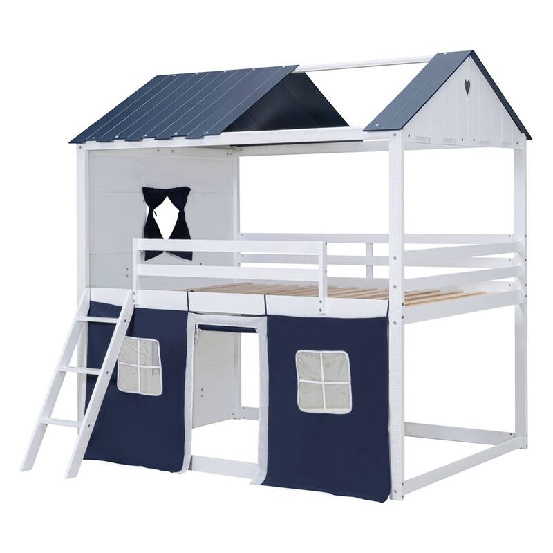 Full Size Bunk Wood House Bed with Elegant Windows, Sills and Tent