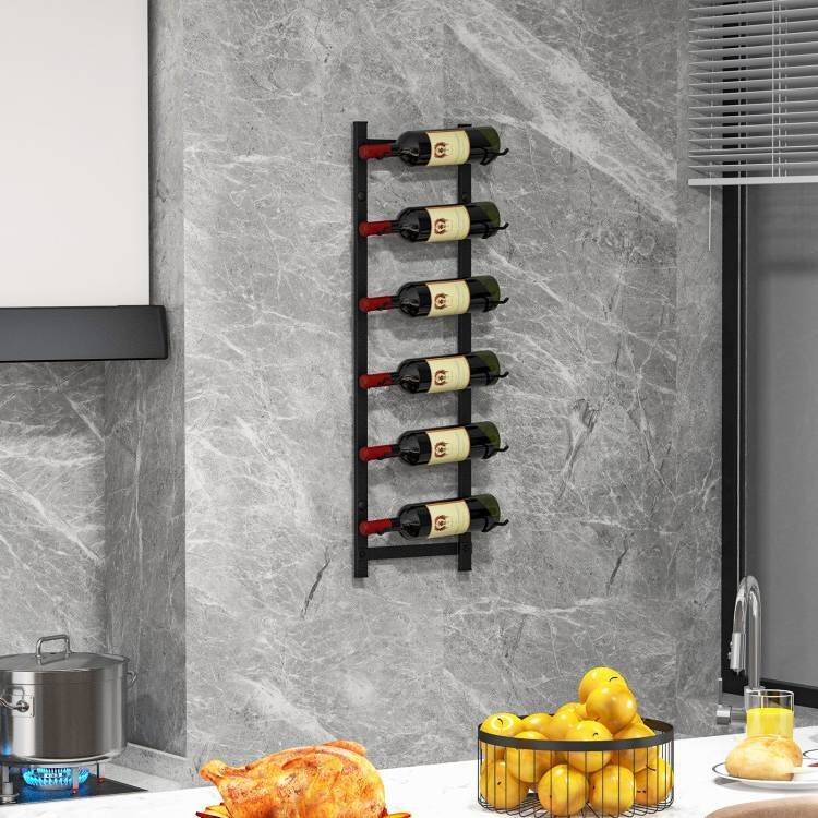 Black Engineered Wood Metal Wall-Mounted Wine Rack 6-Bottle Holder - 8.5" x 5.5" x 29"