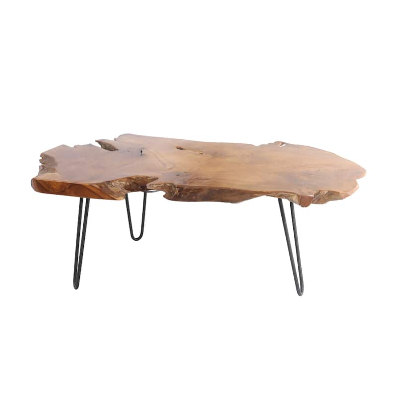 Teak Wood Handmade Live Edge Coffee Table with Black Metal Hairpin Legs - Brown - Roche River Decor - Brown - 43"W, 17"H