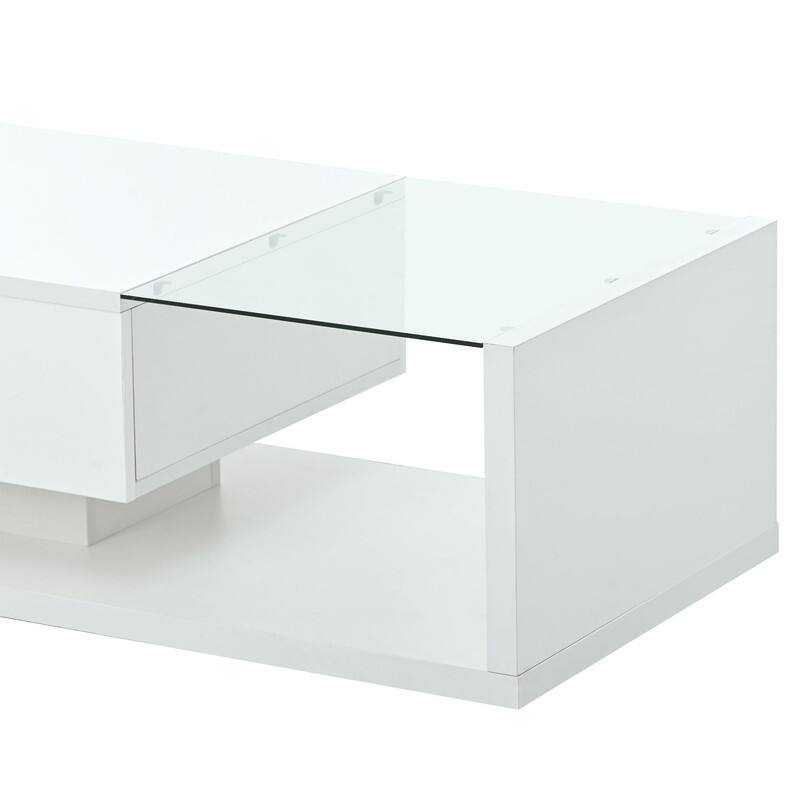 Modernist Glass & High-Gloss Wood Coffee Table with Drawer, 2-Tier Rectangular Center Table for Living Room