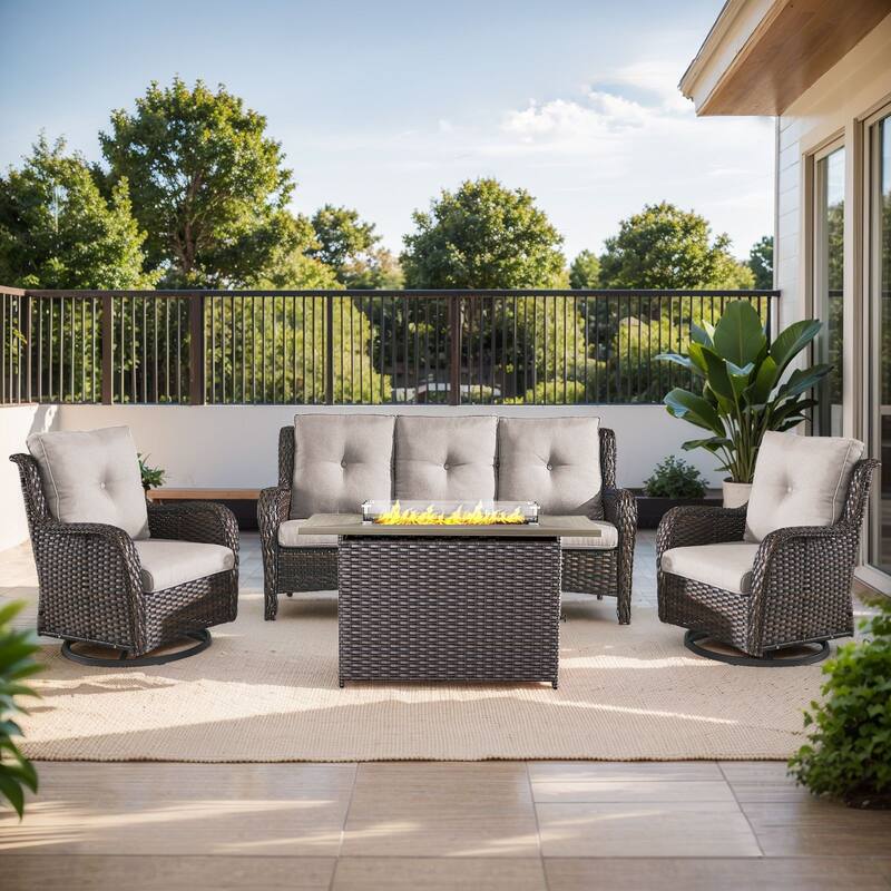 Fire Pit Table with Patio Glider Chairs Sofa Brown-Beige - Brown - Brown - Beige