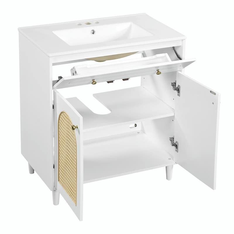 30" Bathroom Vanity with Ceramic Sink, Solid Wood Cabinet, Adjustable Shelf, Tip-Drawer & Rattan Panels