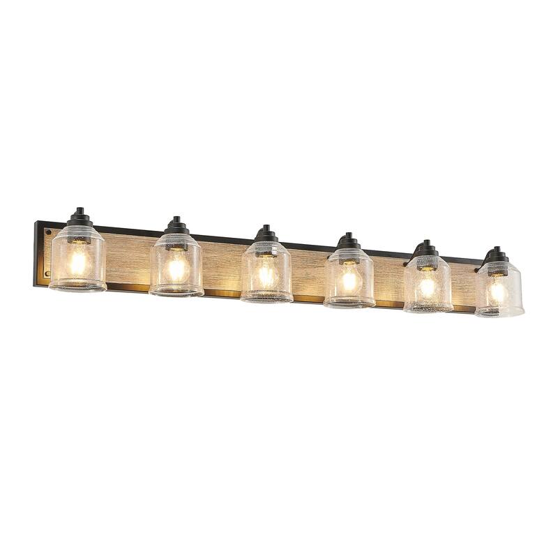 49" Farmhouse Vanity Light Fixture, 6-Light Bathroom Wall Sconce with Clear Seeded Glass Shades, Black and Wood Grain Finish