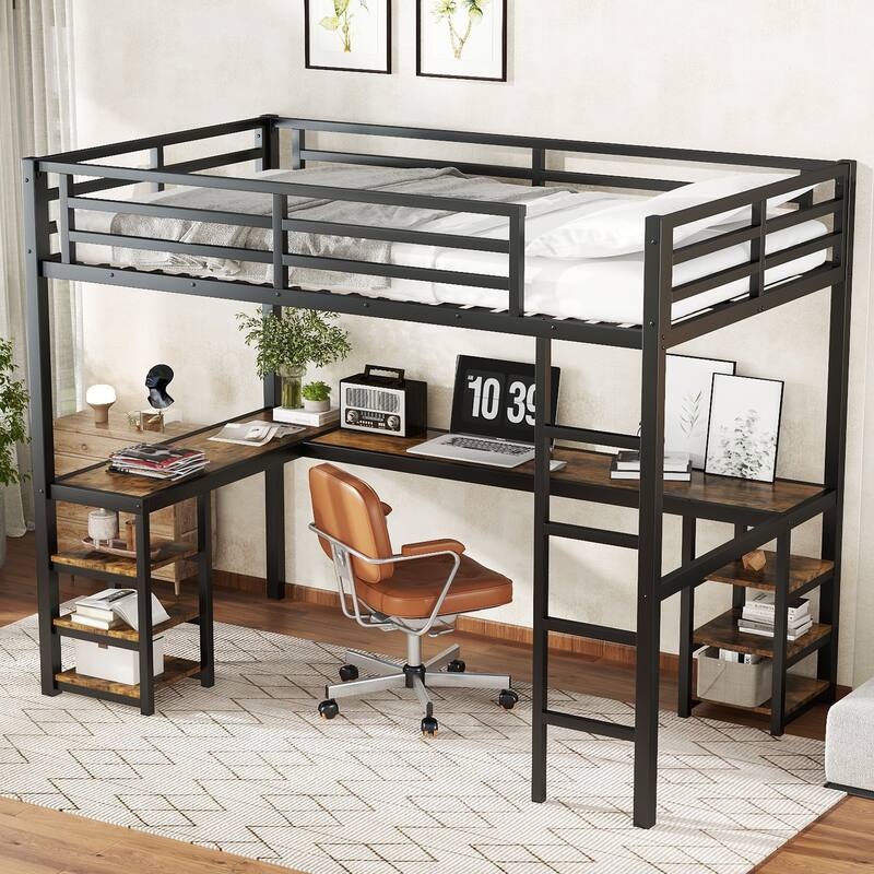 Roomfitters Twin XL Metal Loft Bed with L-Shaped Desk and Shelves, High Sleeper Workstation, Black