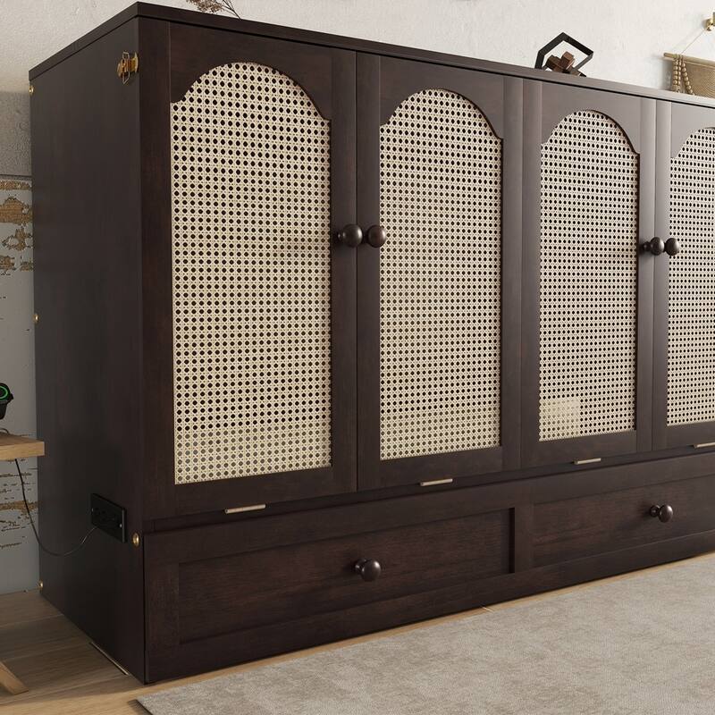 Pine Wood Cabinet Bed with Power Station and Rattan Decoration Panel