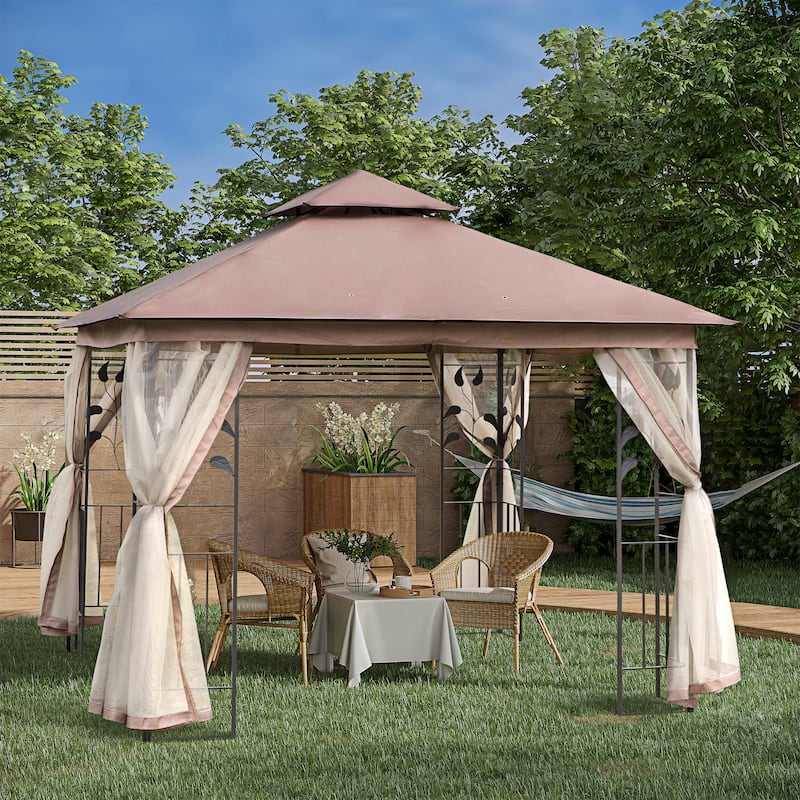 10'x10' Double Roof Metal Gazebo with Netting, Tree Motif Design for Outdoor Garden & Backyard