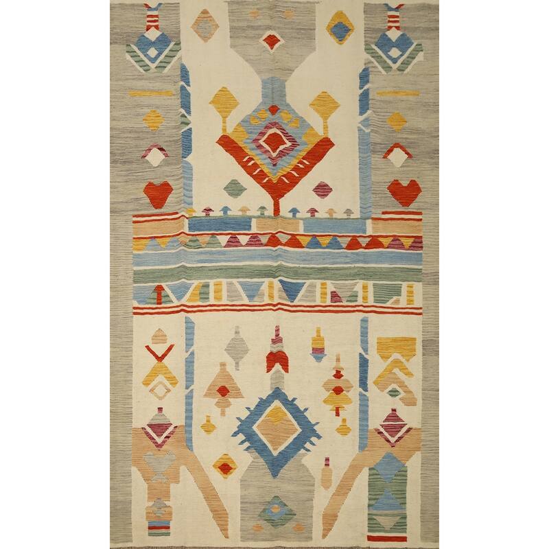 Hand Woven Oriental 100% Wool Carpet Southwestern Tribal Beige & Ivories Kilim Area Rug - 9' 10'' X 6' 5''