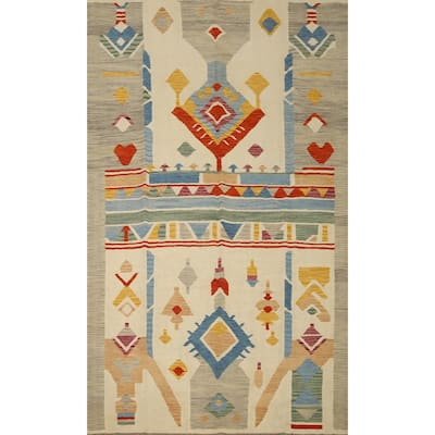 Hand Woven Oriental 100% Wool Carpet Southwestern Tribal Beige & Ivories Kilim Area Rug - 9' 10'' X 6' 5''