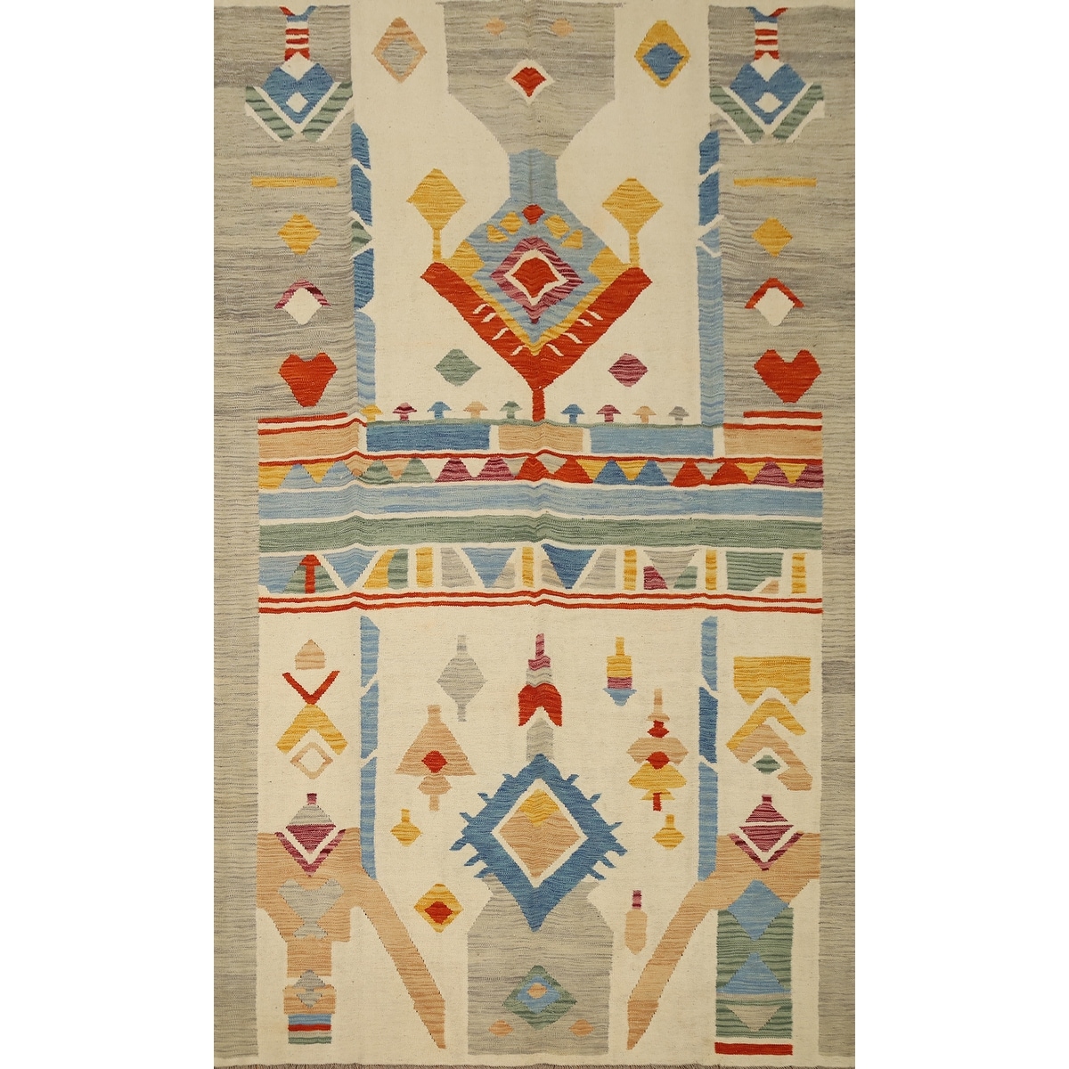 Hand Woven Oriental 100% Wool Carpet Southwestern Tribal Beige & Ivories Kilim Area Rug - 9' 10'' X 6' 5''