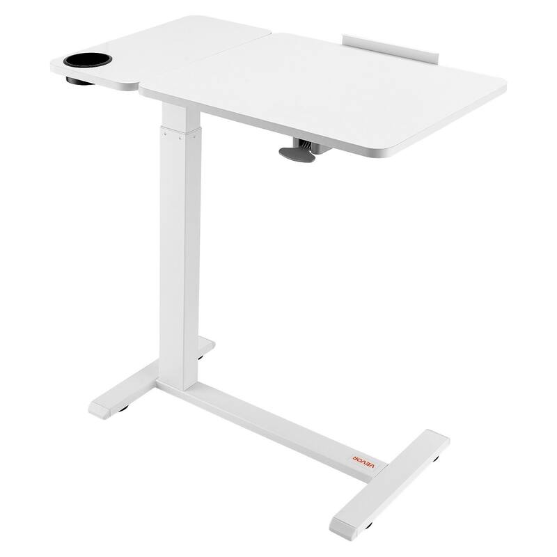 White Steel Adjustable Overbed Table with Hydraulic Lift, Flip Top and Casters - White