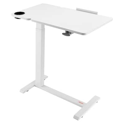 White Steel Adjustable Overbed Table with Hydraulic Lift, Flip Top and Casters