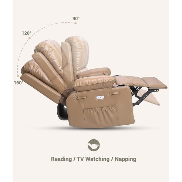 dimension image slide 10 of 15, Oversized power recliner with heat, massage, 360 degrees swivel, and cup holder.